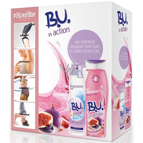 BU In Action Sensitives Antitranspirant Deodorant Spray für Frauen 150 ml + In Action Joghurt + Feigen Duschgel 250 ml, Kosmetikset