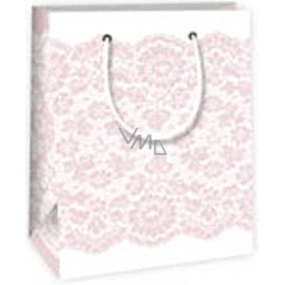 Ditipo Geschenk Papiertüte 11,4 x 6,4 x 14,6 cm weiß mit rosa Spitze