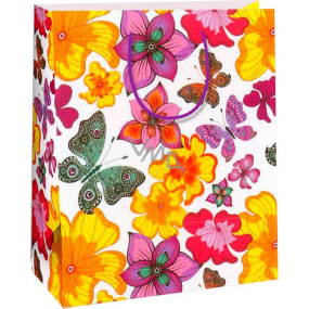 Ditipo Geschenk Papiertüte 26,4 x 13,7 x 32,4 cm weiß, Schmetterlinge, Blumen