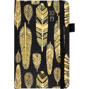 Albi Diary 2019 Tasche mit Gummiband Federn schwarzgold 9,5 x 15 x 1,3 cm