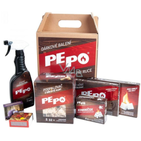 Pe-Po Geschenkpaket 2018 festes Feuerzeug + Holzfeuerzeug + Holzwollefeuerzeug + passend zu 2 Stück + Kaminglasreiniger 500 ml + Kamin 5 x 14 g, Geschenkset