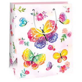 Ditipo Geschenk Papiertüte 18 x 10 x 22,7 cm rosa-weiß, Schmetterlinge, Blumen