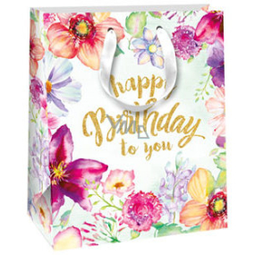 Ditipo Geschenk Papiertüte 18 x 10 x 22,7 cm hellgrün, Happy Glitter Blumen