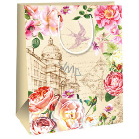 Ditipo Geschenk Papiertüte 26,4 x 13,7 x 32,4 cm beige, bunte Blumen