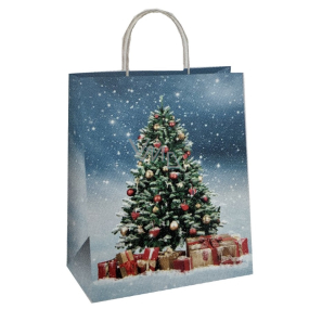 Ditipo Geschenkpapiertüte 18 x 8 x 24 cm ECO Weihnachten blau - Baum mit Geschenken