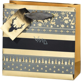 BSB Luxus-Papier-Geschenktüte 14,5 x 15 x 6 cm Weihnachten gold mit Rentieren und Bäumen VDT 445 - CD