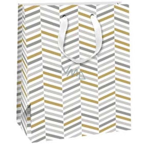Ditipo Geschenktüte aus Papier 26,4 x 32,4 x 13,7 cm Weiß mit silbernen, goldenen und grauen Streifen