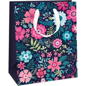 Ditipo Geschenkpapier Tasche 26,4 x 32,4 x 13,7 cm Glitter rosa und blaue Blumen