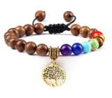 Chakra-Armband Baum des Lebens + Holz, Heilung, handgestrickt, verstellbare Größe, Kugel 8 mm