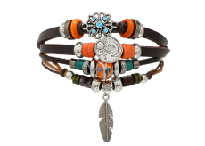 Mehrlagiges Lederarmband, Feder + Mond-/Sonnensymbol, größenverstellbar