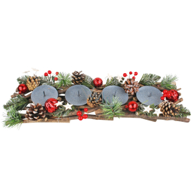 Weihnachtskerzenhalter aus Holz für 4 Kerzen mit roten Accessoires und Tannenzapfen 51 cm