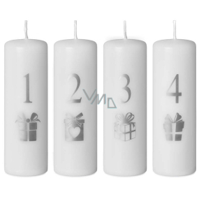 Emocio Advent Geschenk mit Zahlen Silberdruck Kerze weiß Zylinder 40 x 120 mm 4 Stück