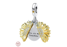 Charms Sterling Silber 925 Blühende Sonnenblume vergoldet mit Aufschrift - You are my sunshine, aufklappbarer Armbandanhänger Liebe