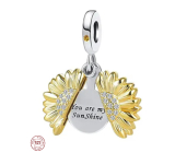 Charms Sterling Silber 925 Blühende Sonnenblume vergoldet mit Aufschrift - You are my sunshine, aufklappbarer Armbandanhänger Liebe