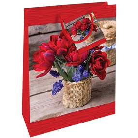 Nekupto Geschenktüte aus Papier 32,5 x 26 x 13 cm Tulpen in einem Korb