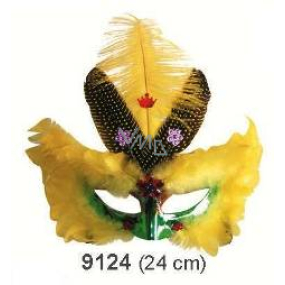 Grüne Kugelmaske mit gelben Federn 30 cm geeignet für Erwachsene
