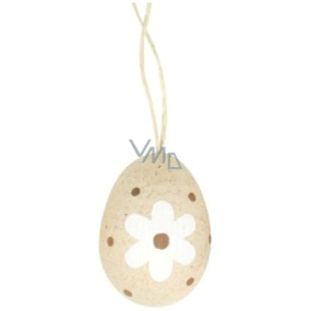 Natürliches Ei zum Aufhängen von braunem Tupfendekor, braunem Streifen und weißer Blume 6 cm
