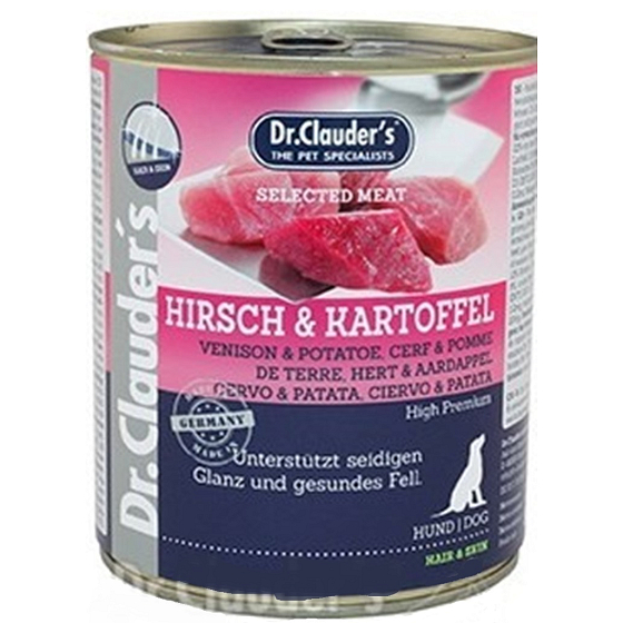 DR. Clauders Hirsche und Kartoffeln vervollständigen das Super-Premium-Futter für erwachsene Hunde für gesunde Haut und schönes Fell 800 g