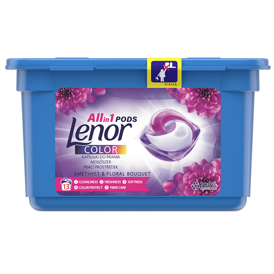 Lenor Color All in1 Pods Amethyst & Blumenstrauß Duft von Pfingstrosen und Wildrosen Gelkapseln zum Waschen farbiger Kleidung 13 Stück