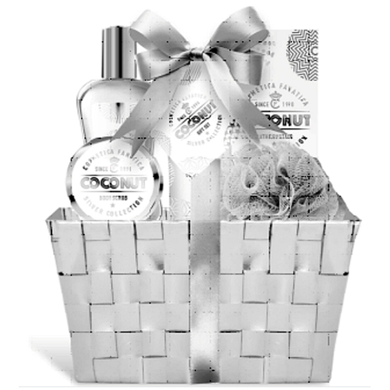 Cosmetica Fanatica Coconut Körperlotion 95 ml + Duschgel 190 ml + Körperpeeling 50 ml + Badesalz 50 g + Badematte + Korb, Kosmetikset