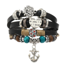 Mehrschichtiges Lederarmband, Symbol Baum des Lebens + Anker, größenverstellbar