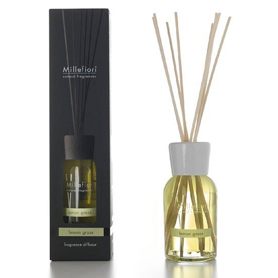 Millefiori Milano Natürliches Zitronengras - Zitronengras-Diffusor 100 ml + 7 Stiele 25 cm lang für kleinere Räume dauert 5-6 Wochen