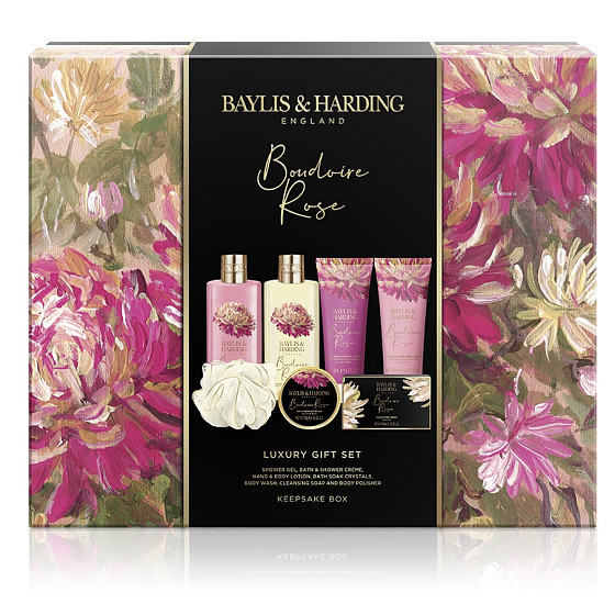 Baylis & Harding Mysterious Rose Duschgel 300 ml + Bade- und Duschcreme 300 ml + Hand- und Körperlotion 130 ml + Waschgel 130 ml + Toilettenseife 100 g + Badesalz 100 g + Waschschwamm, Kosmetikset für Frauen
