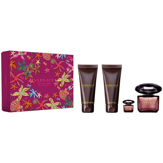 Versace Crystal Noir Eau de Toilette 90 ml + Körperlotion 100 ml + Duschgel 100 ml + Eau de Toilette 5 ml Miniatur, Geschenkset für Frauen