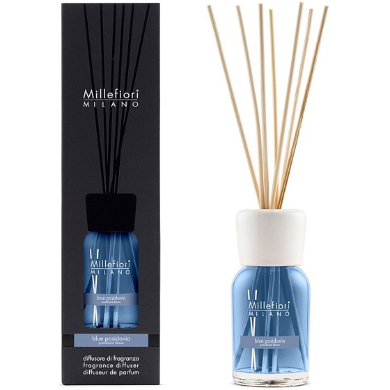 Millefiori Milano Natural Blue Posidonia - Blaue Posidonia Diffusor 250 ml + 8 Stäbchen mit einer Länge von 30 cm für kleinere Räume, hält 90 Tage.