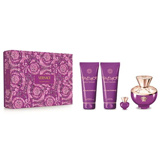 Versace Dylan Purple Eau de Parfum 100 ml + Körperlotion 100 ml + Duschgel 100 ml + Eau de Parfum Miniatur 5 ml, Geschenkset für Frauen