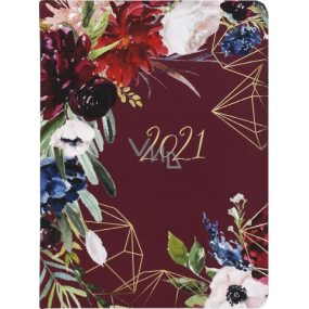 Albi Diary 2021 wöchentlich Burgunder Blumen 17 x 12,5 x 1,2 cm