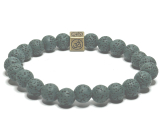 Lava dunkelgrün mit königlichem Mantra Om, Armband elastischer Naturstein, Kugel 8 mm / 16-17 cm, geboren aus den vier Elementen