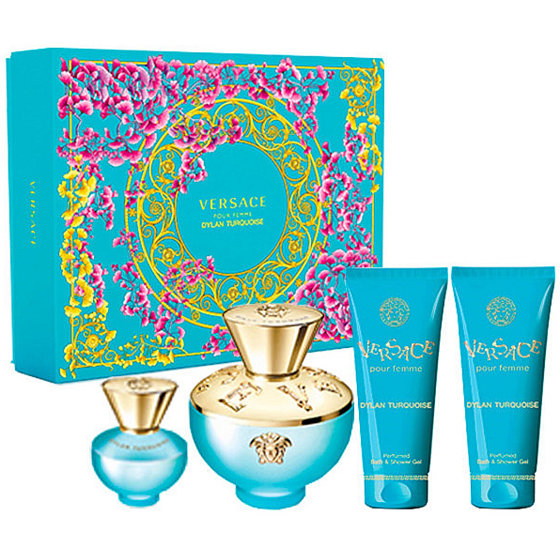 Versace Dylan Turquoise Eau de Toilette 100 ml + Körperlotion 100 ml + Duschgel 100 ml + Eau de Toilette 5 ml Miniatur, Geschenkset für Frauen