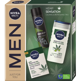 Nivea Men Hemp Sensation Sensitive Pro Aftershave Balsam mit Hanf 100 ml + Deep Black Carbon Amazonia Antitranspirant Spray 150 ml + Sensitive Pro Ultra-Calming Duschgel 250 ml, Kosmetikset für Männer Nivea Men Hemp Sensation Sensitive Pro Aftershave Balsam mit Hanf 100 ml + Deep Black Carbon Amazonia Antitranspirant Spray 150 ml + Sensitive Pro Ultra-Calming Duschgel 250 ml, Kosmetikset für Männer