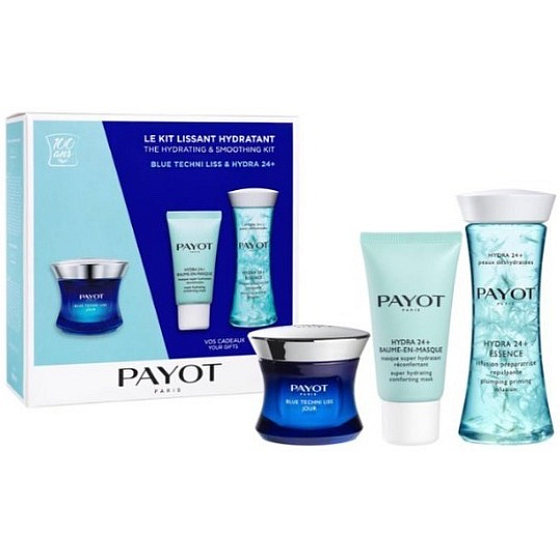 Payot Hydra 24+ & Blue Techni LissJour glättende chronoaktive Creme 50 ml + Hydra 24+ Baume-en-masque feuchtigkeitsspendende stimulierende Gesichtsmaske 15 ml + Hydra 24+ Essence Base Shaping Emulsion 125 ml, Kosmetikset