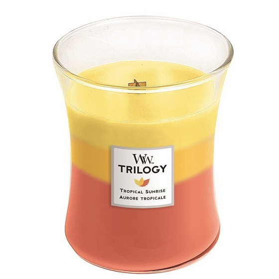 WoodWick Trilogy Tropical Sunrise Duftkerze mit Holzdocht und Glasdeckel Medium 275 g