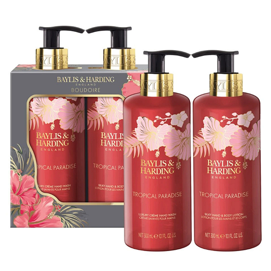 Baylis & Harding Boudoire Tropical Paradise - Tropisches Paradies Flüssigseife für die Hände 300 ml + feuchtigkeitsspendende Lotion für Körper und Hände 300 ml, Kosmetikset für Frauen