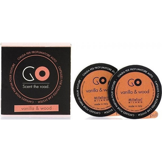 Millefiori Milano Go Vanilla & Wood - Vanille und Holz Autoduft Nachfüllpackung, duftet bis zu 2 Monate 2 x 13 g