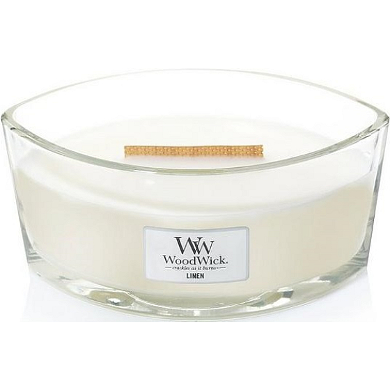WoodWick Linen - Reine Flachs-Duftkerze mit breitem Holzdocht und Glasschiffchendeckel 453 g