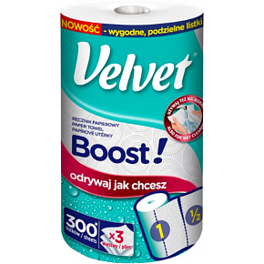 Velvet Boost Papierhandtücher dreilagig 300 Stück, 39,3 m 1 Rolle Velvet Boost Papierhandtücher dreilagig 300 Stück, 39,3 m 1 Rolle