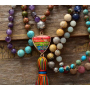 108 Mala 7 Chakra Halskette, Meditationsschmuck, Naturstein, elastisch, Quaste 8 cm, Perle 6+8 mm