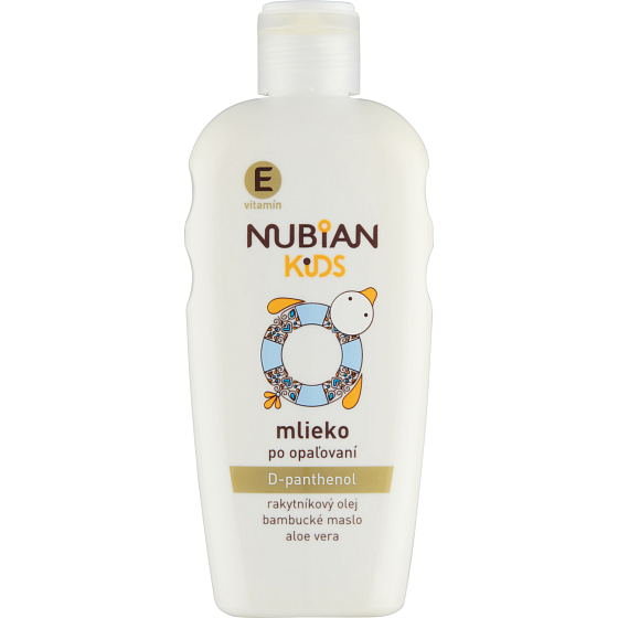 Nubian Kids mléko po opalování 200 ml – regenerační mléko pro děti po opalování, jemně zklidňuje a hydratuje pokožku po slunění.