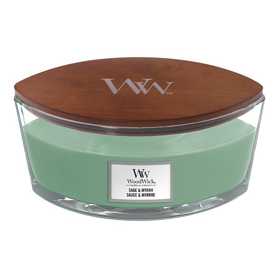WoodWick Sage & Myrht - Duftkerze mit Salbei und Myrrhe mit breitem Holzdocht und Deckelglasboot 453 g