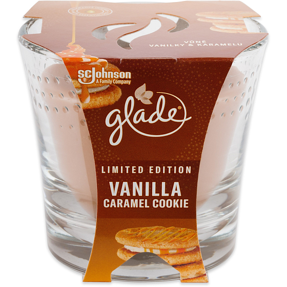 Glade Vanilla Caramel Cookie mit dem Duft von Vanille und Karamell-Duftkerze im Glas, Brenndauer bis zu 38 Stunden 129 g