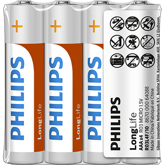 Batterie Philips Longlife 4 Stück AAA R03 1,5V