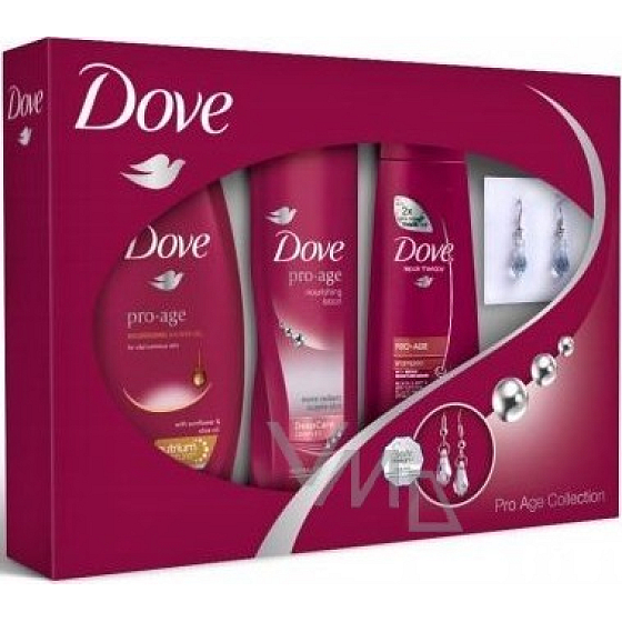 Dove Pro Age Duschgel 250 ml + Shampoo 250 ml + Körperlotion 250 ml + Ohrringe, Kosmetikset