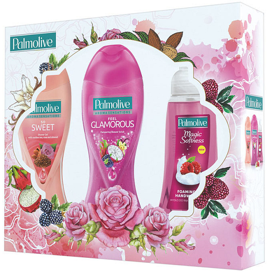 Palmolive Sweet Dream Aroma Sensations Feel Glamouröses Duschgel 250 ml + Aroma Sensations So süßes Duschgel 250 ml + Magic Softness Himbeer-Flüssigseife 250 ml, Kosmetikset