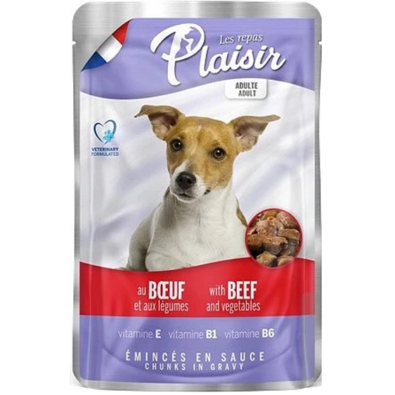 Plaisir Dog Rindstücke mit Gemüse, Alleinfuttermittel für ausgewachsene Hunde, Beutel 100 g