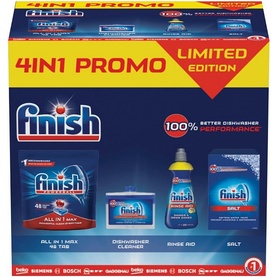 Finish 4in1 All in 1 Max Geschirrspülertabletten 48 Stück + Geschirrspüler 250 ml + Shine & Protect Lemon Sparkle Politur 400 ml + Geschirrspülersalz 1,5 kg, Promo Limited Edition