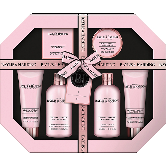 Baylis & Harding Jojoba-, Vanille- und Mandelöl-Reinigungsgel 300 ml + Bademilch 300 ml + Seife 150 g + Duschcreme 130 ml + Körperlotion 130 ml + Badesalz 130 ml, Kosmetikset